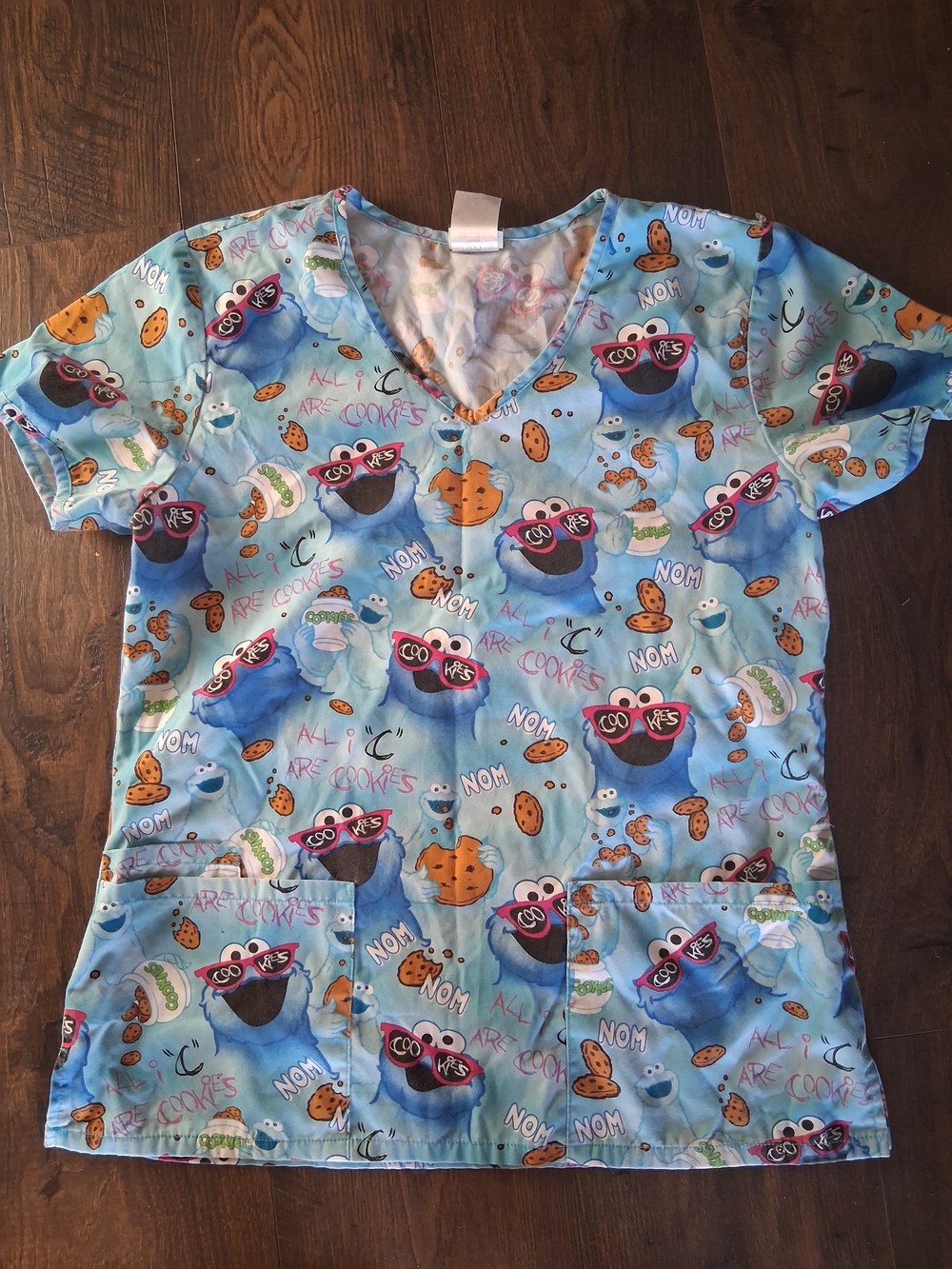 Classic Womans Nursing Top Scrubs Blue Cookie Monster Print V-Neck Top